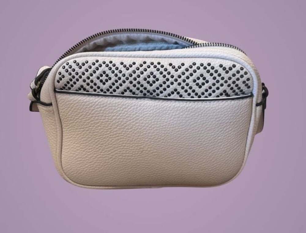 G.H. Bass & Co. Cream Pebbled Leather Crossbody Bag with Studded Detail